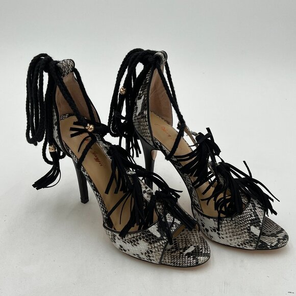 Black Sanke Print Tassels Lace Up Sandals Open Toe High Heel Fringed Shoes - Picture 3 of 6